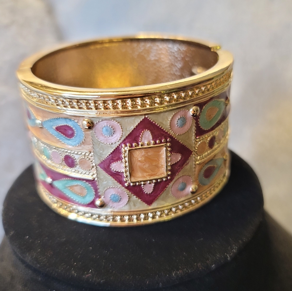 Egyptian Revival Enamel Cuff Bracelet, Goldtone, Vintage, Estate